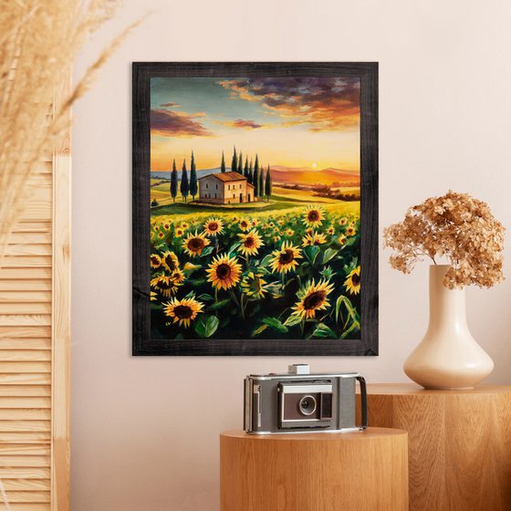 Sunflower field landscape in Tuscany