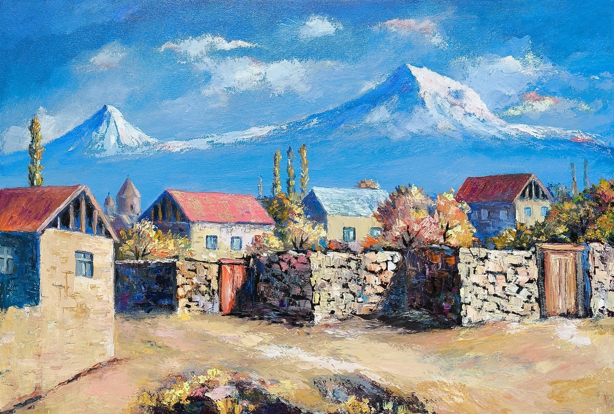 Impressionistic Landscape Oil Painting By Arto Mkrtchyan, 24 X 16, Mountain View Village, Original Artwork
