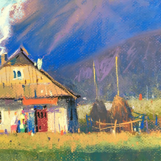 Ukrainian art Sunny Autumn day in Carpathian. Pastel on paper 19.6x19.6 inch (50x50 cm)