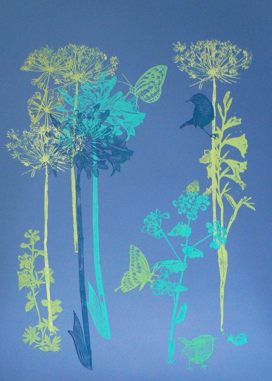 Flora and fauna with greens and blues (#1) on Blue angel fabriano card