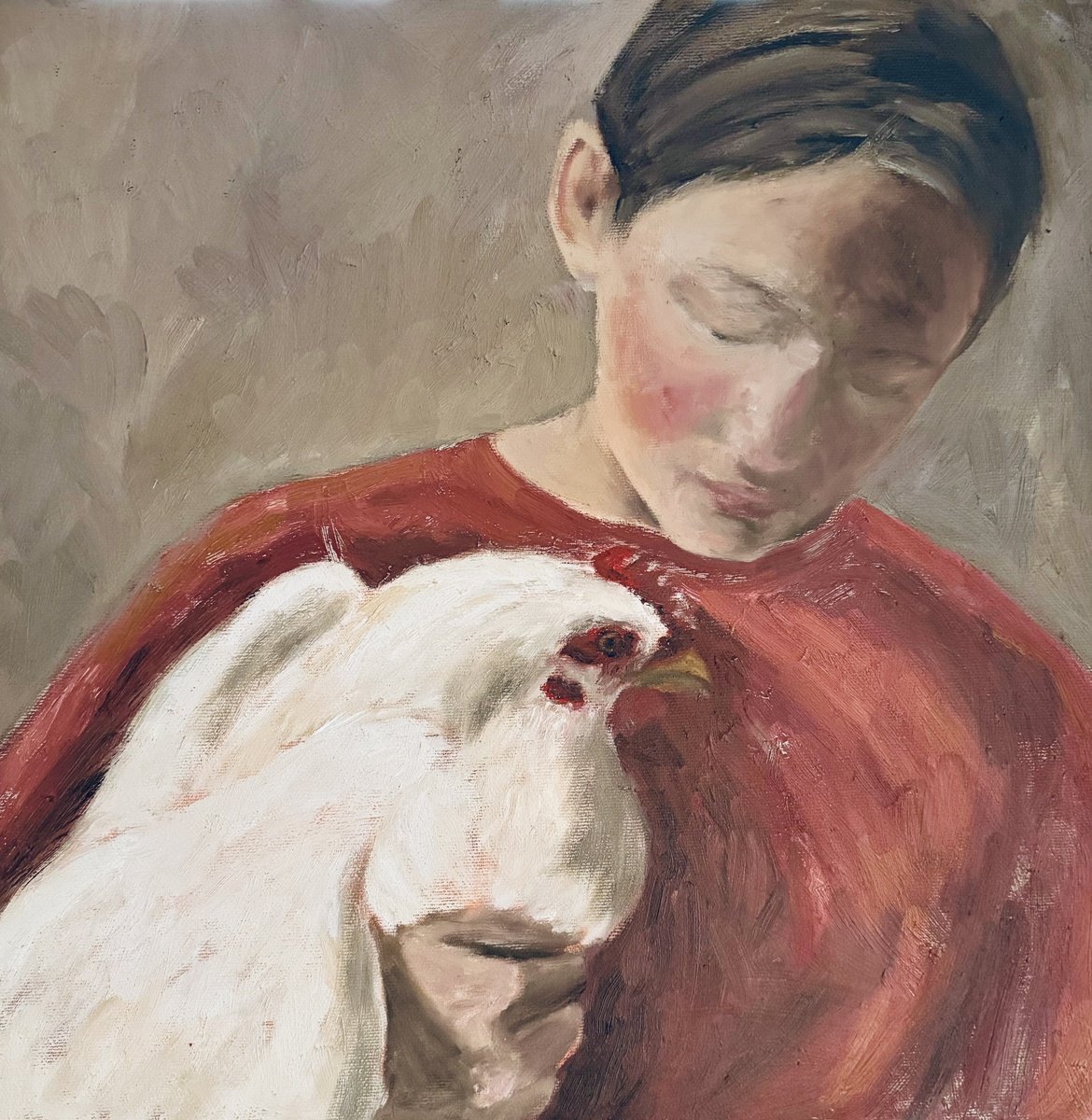 Impressionistic Portrait Oil Painting By Liliia Kodunova, 17 X 17", Girl With Chicken, Original Artwork