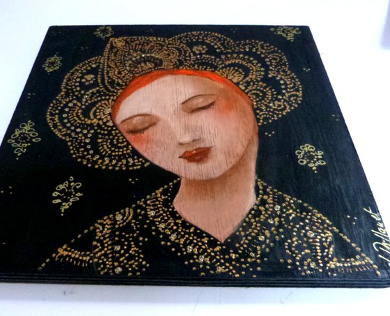 Michka Female redhead icon on wooden panel 20 x 20 cm.