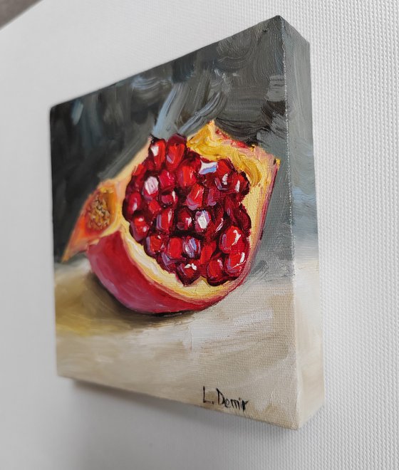 Pomegranate fruit still life oil painting realistic citrus wall decor 4x4"