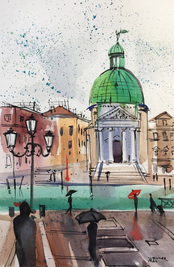 Rainy Venice. Sketch of Venice. Church of San Simeon Piccolo.