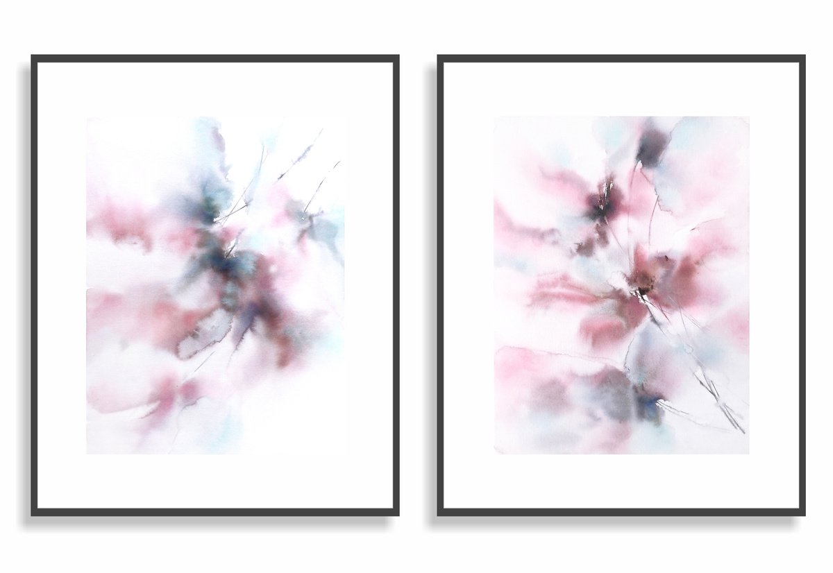 Floral diptych with soft pink and blue abstract flowers by Olya Grigo