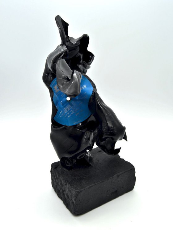Male Figurative Sculpture, Vinyl Music Record on Black Stone, Vera Lynn