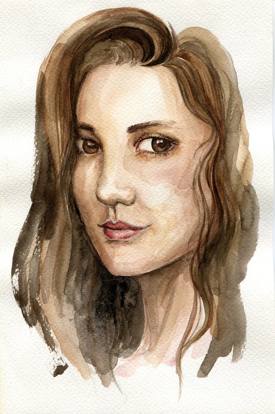 Aquarelle portrait of lovely brunette girl