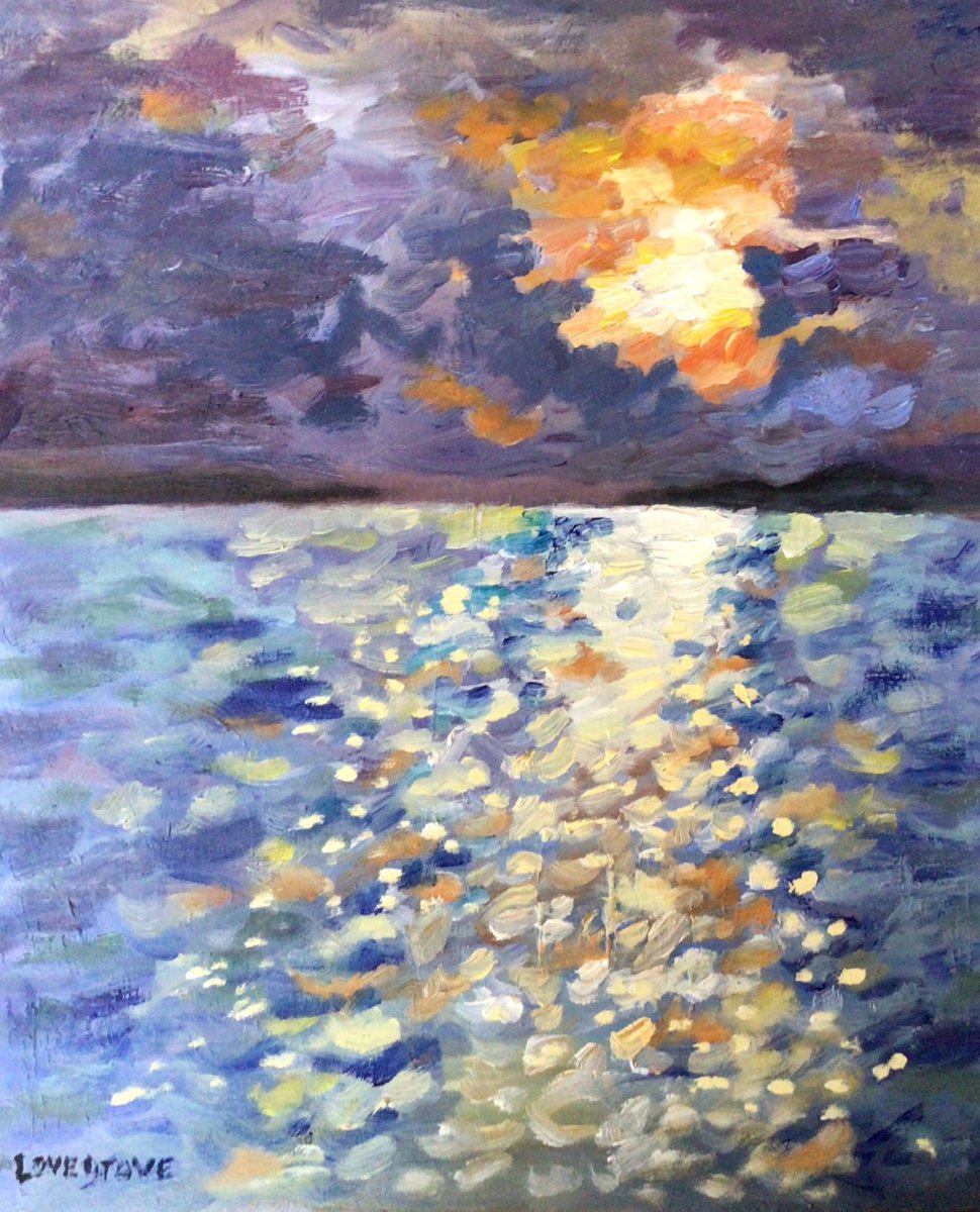 Impressionistic Landscape Oil Painting By Julian Lovegrove Art, 10 X 12", Sunset On The Sea, Original Artwork