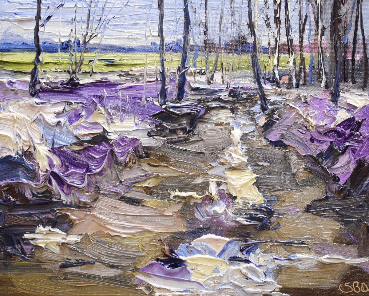 Impressionistic Landscape Oil Painting By Sonja Brussen, 13 X 10", Snow Path, Original Artwork