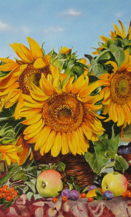 Sunflowers in a rustic basket by Natalia Shaykina
