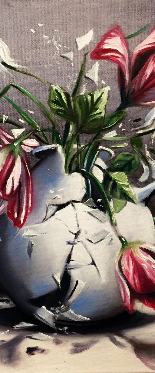 Red striped tulips - original oil on canvas 40 x 40 cm ( 16 x 16 inches ) by Valentina Toma' aka Zoe Chigi