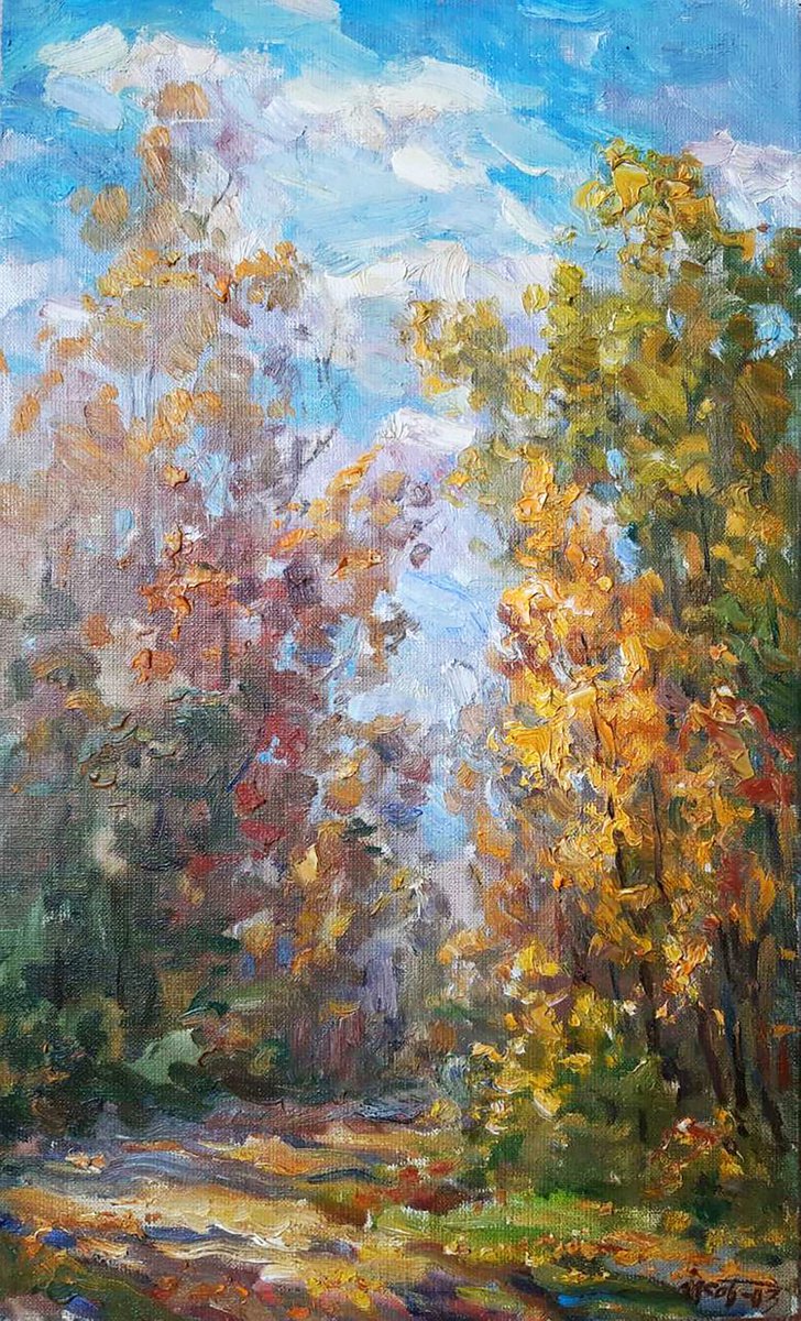 Impressionistic Landscape Oil Painting By Ivan Kovalenko, 12 X 20, Sunny Day In The Forest, Original Artwork