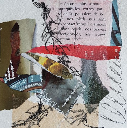 The dust under our feet and our hearts filled with love - mixed media collage on paper - small size by Fabienne Monestier