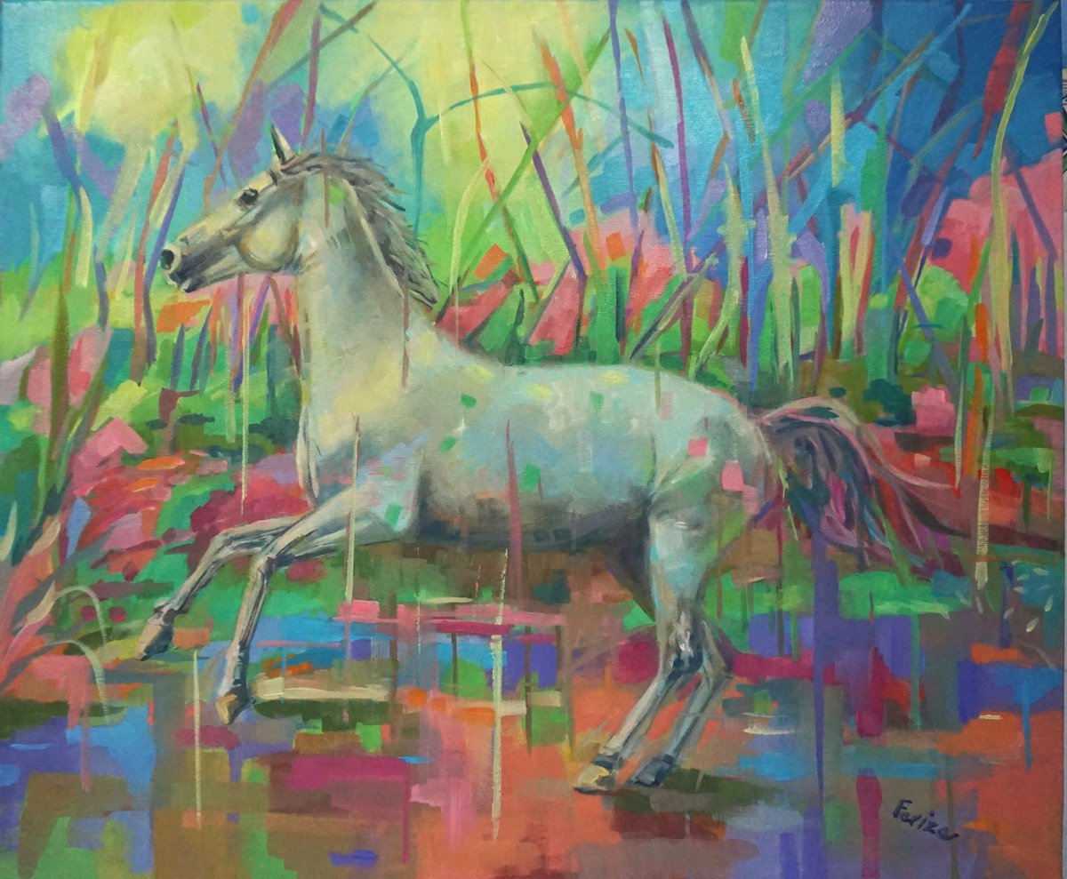 Impressionistic Animal Oil Painting By Amaya Fernandez Fariza, 26 X 21, Horse In Colors, Original Artwork