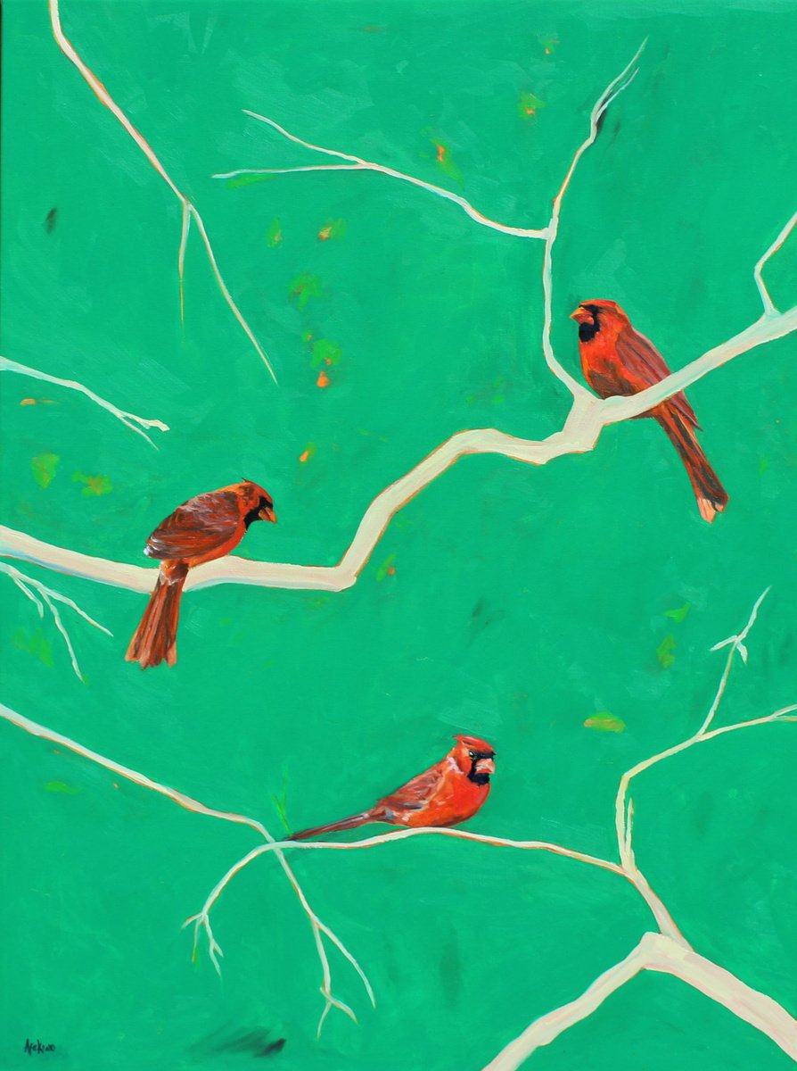 Impressionistic Animal Oil Painting By Afekwo, 31 X 41, Song Birds Iv, Original Artwork