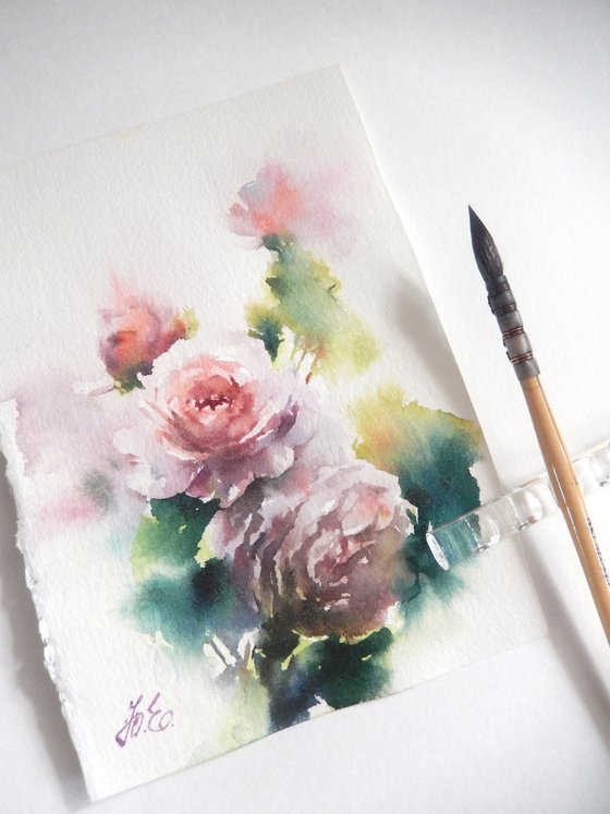 Pink roses, small watercolor Garden painting