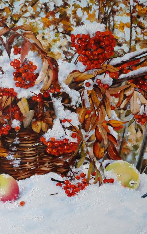 Snowy Rowan Basket and Winter Birds by Natalia Shaykina
