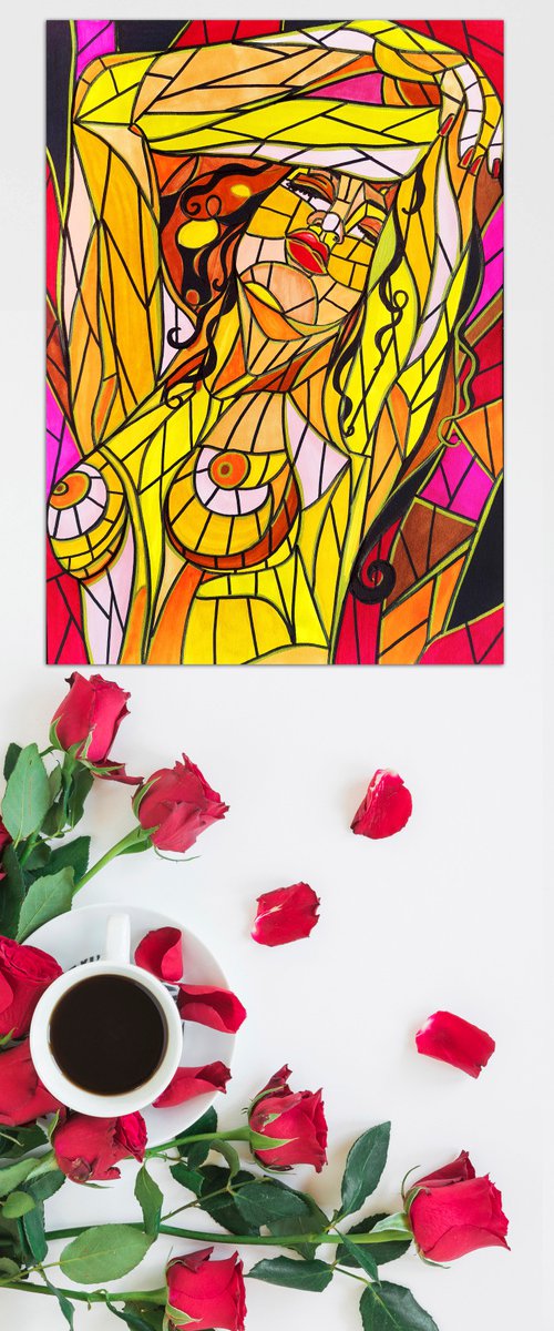 Abstract black woman in stained glass cubism style. African queen nude figure female portrait by BAST