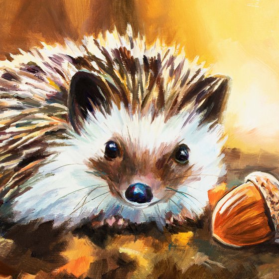 Hedgehog with acorn in fall woods