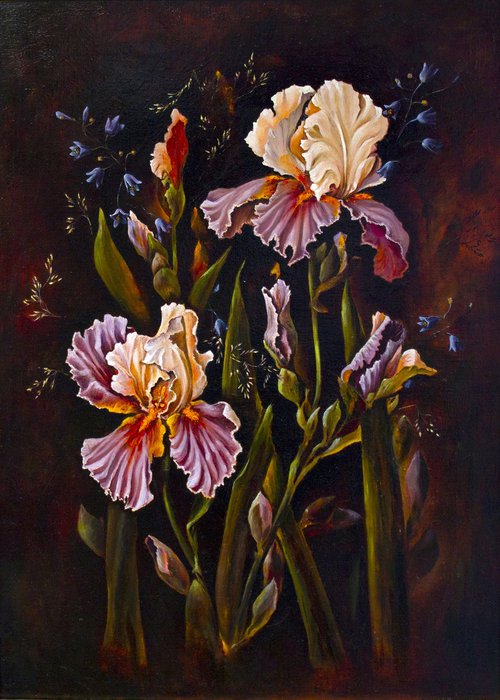 Irises with bluebells. by Inga Loginova