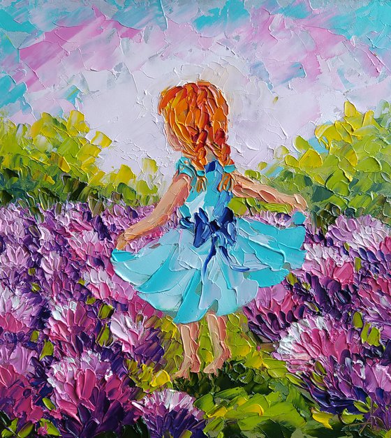 Redhead in lavender -  oil painting, child, lavender, childhood, girl, children, lavender field