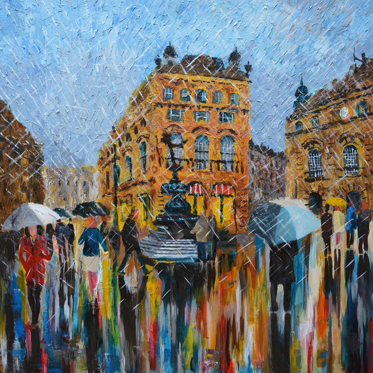 Impressionistic Cityscapes Acrylic Painting By Nicolas Goia, 35 X 35", Rainy Piccadilly, Original Artwork