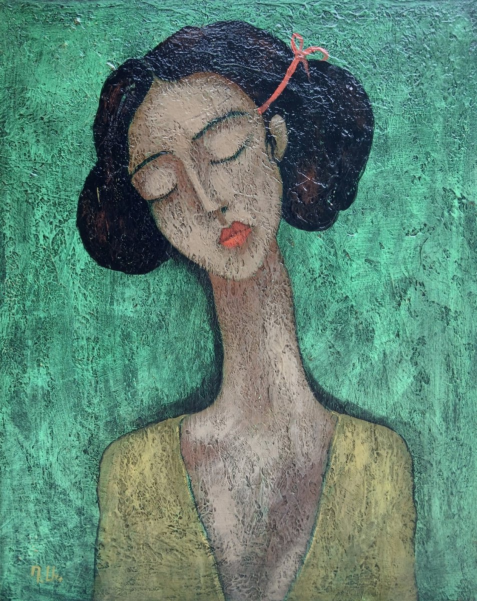 Abstract Portrait Acrylic Painting By Davit Arstamyan, 16 X 20, Serene Introspection, Original Artwork