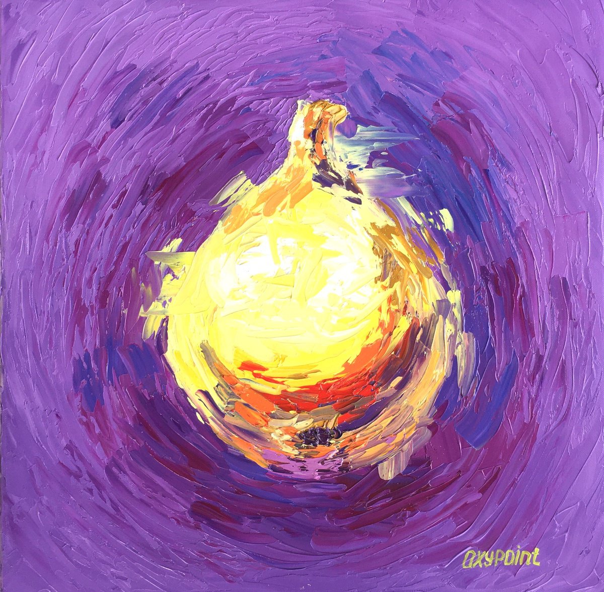Expressive Still Life Oil Painting By Oxypoint, 16 X 16", "Yellow Fig", Original Artwork