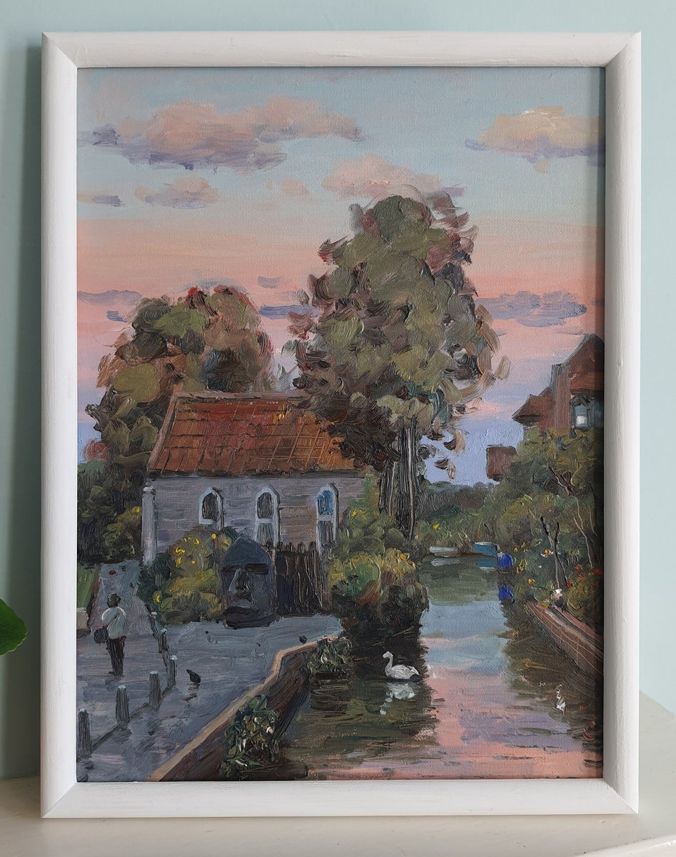 Impressionistic Landscape Oil Painting By Roberto Ponte, 13 X 17", Canterbury The Friars, River Stour, Original Artwork