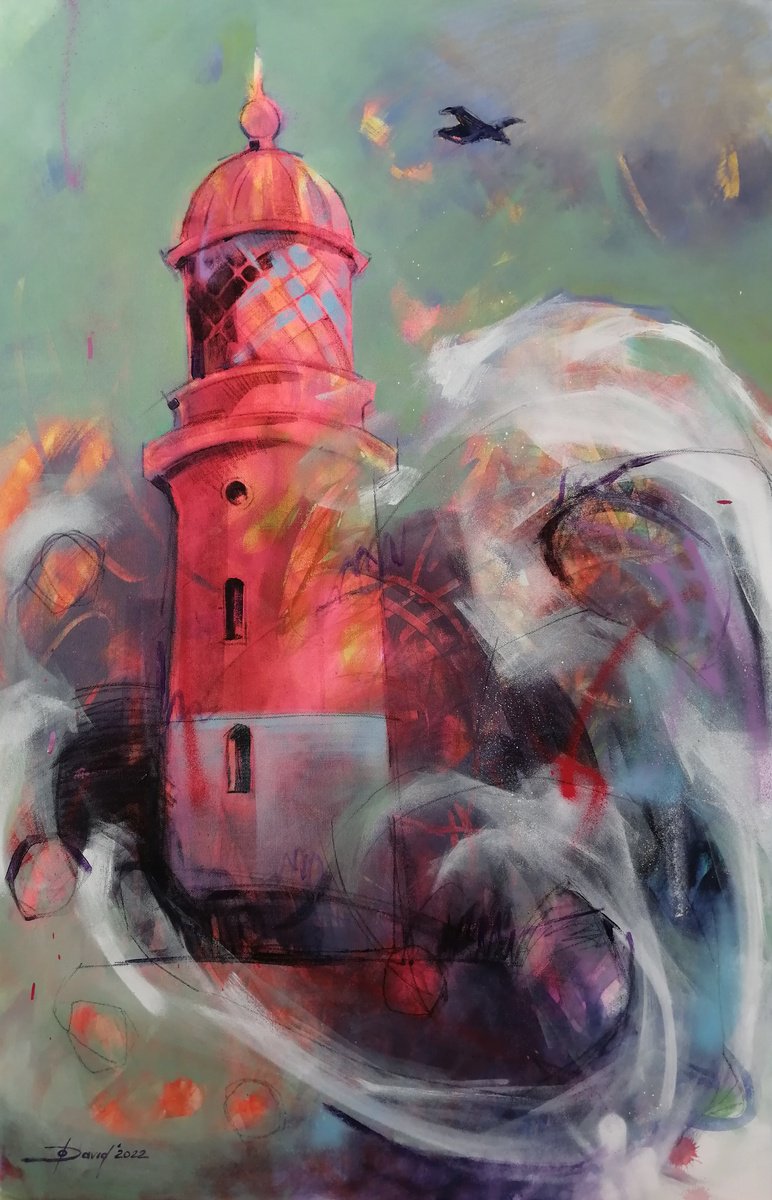 Expressive Landscape Painting By Olga David, 24 X 36", Lighthouse And The Sea, Original Artwork