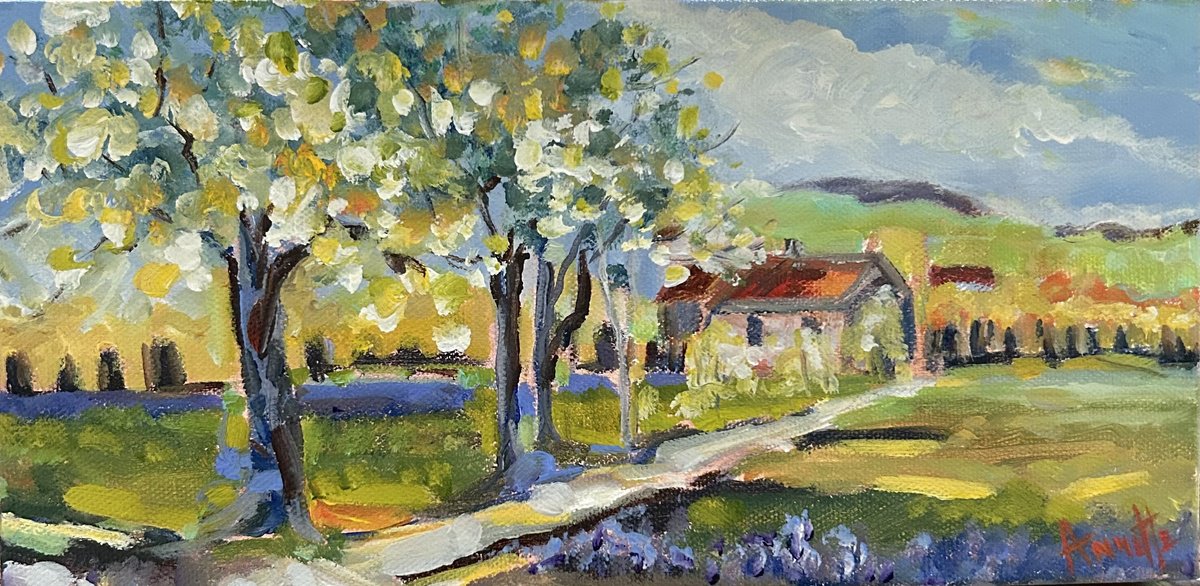 Impressionistic Landscape Acrylic Painting By Annette Wolters, 12 X 6, Spring Bloom, Original Artwork