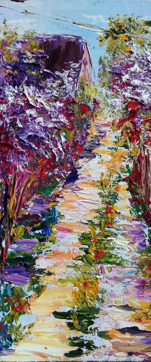 Street in Village with Flowering Lilac trees Plein Air Painting by Oksana Fedorova