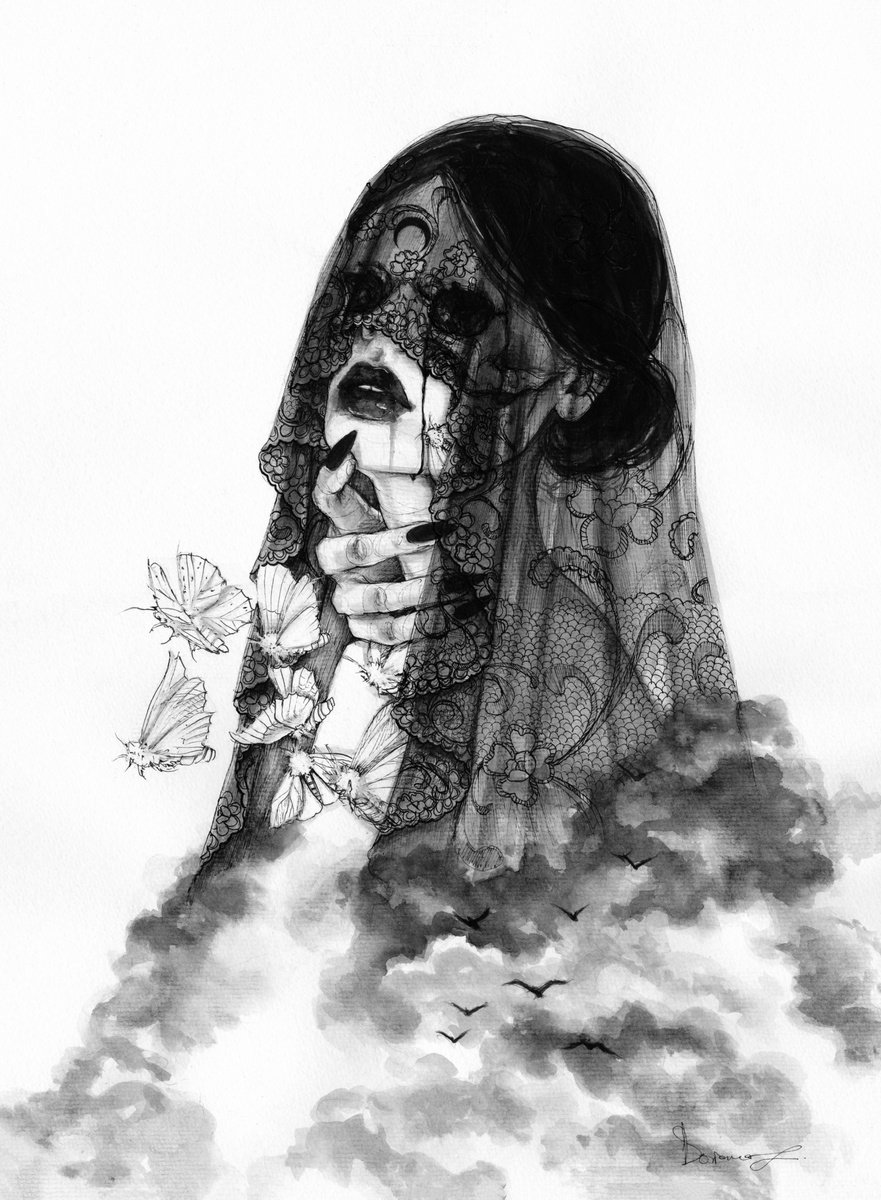 Expressive Portrait Ink Drawing By Doriana Popa, 12 X 16, Veil Between Worlds, Original Artwork