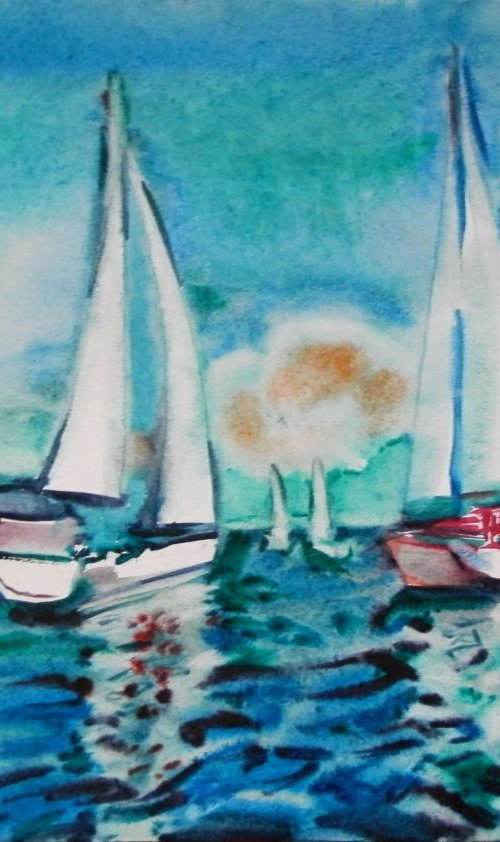 Yachts, watercolor painting 51x35,5 cm by Valentina Kachina