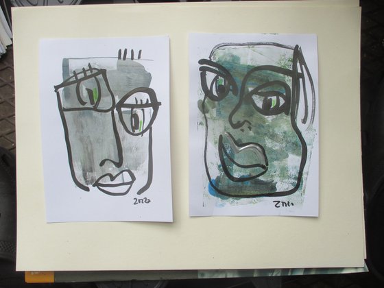 2 expressive green girl portrait 8,2 x 5,9 inch unique mixedmedia drawing