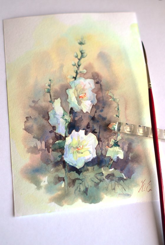 White Hollyhocks in watercolor, Small Wild flowers painting