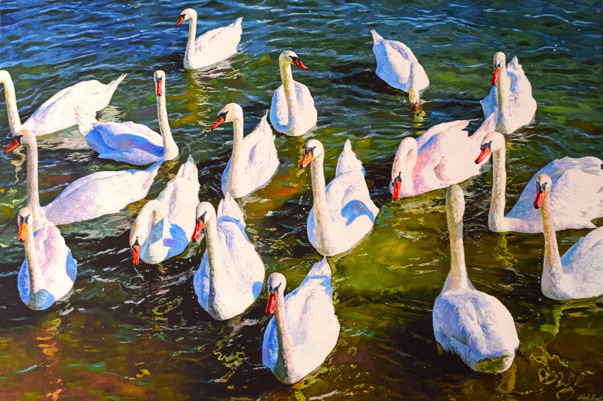 Photorealistic Animal Acrylic Painting By Abi Whitlock, 35 X 24, Swanning About, Original Artwork
