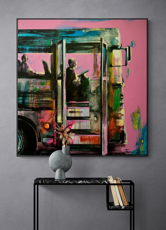 Big bright painting - "School bus" - Bus - Urban - Road - Street art - Pink