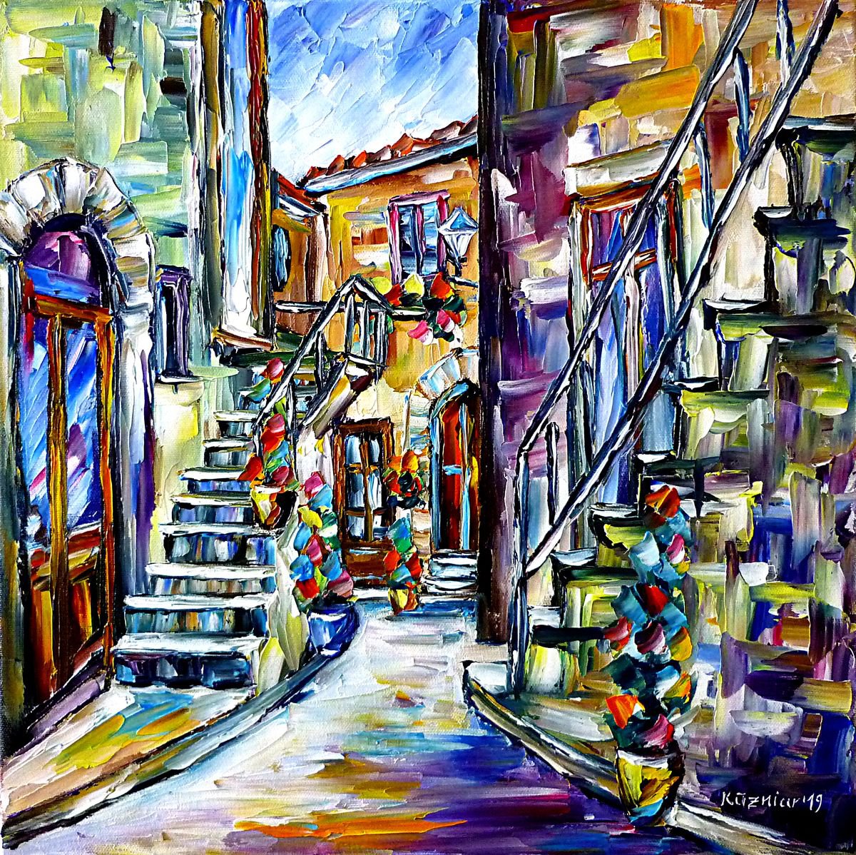 Expressive Cityscapes Oil Painting By Mirek Kuzniar, 16 X 16", Italian Idyll, Pitigliano, Original Artwork