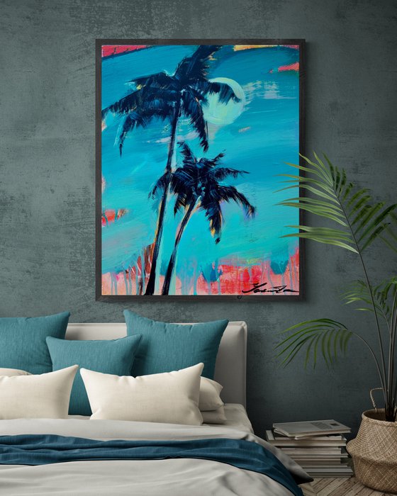 Expressionist painting - "Pink sun rays" - Pop Art - palms and sea - night seascape - 2022