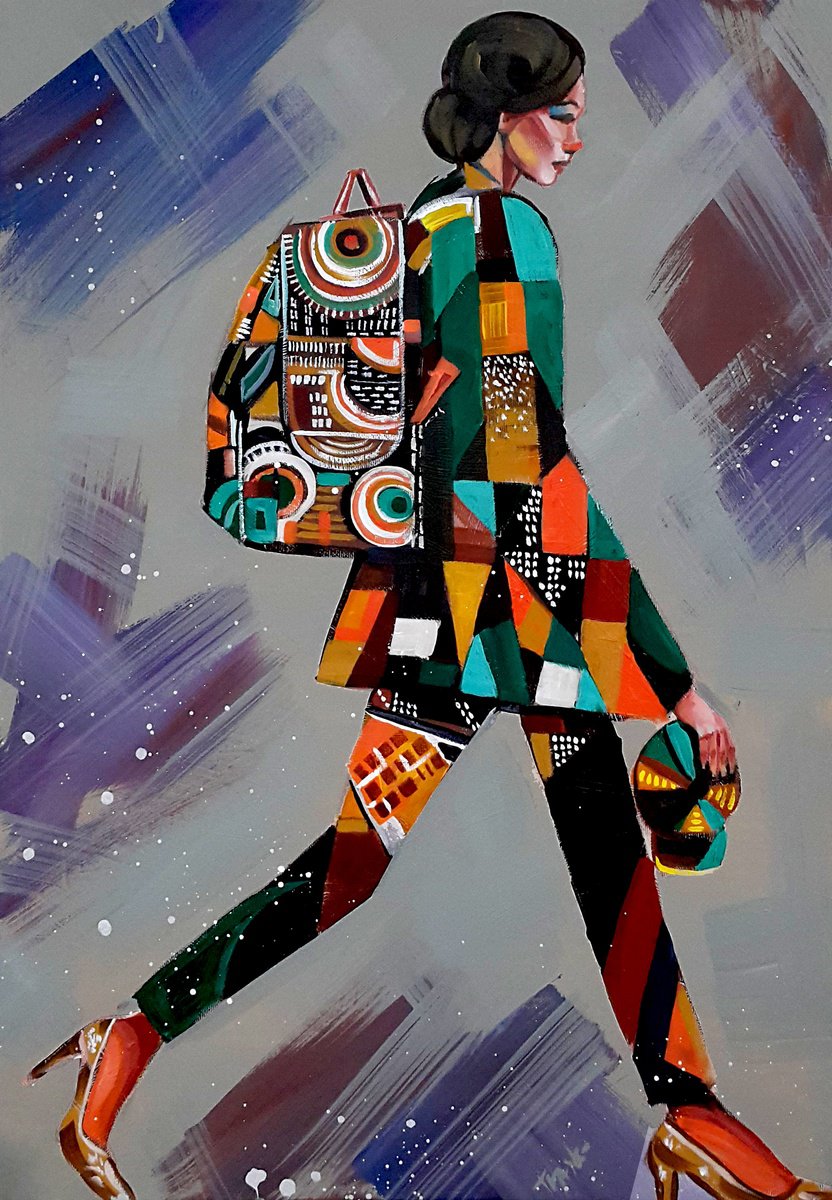 Abstract Portrait Acrylic Painting By Trayko Popov, 20 X 28", The Journey Ahead, Original Artwork