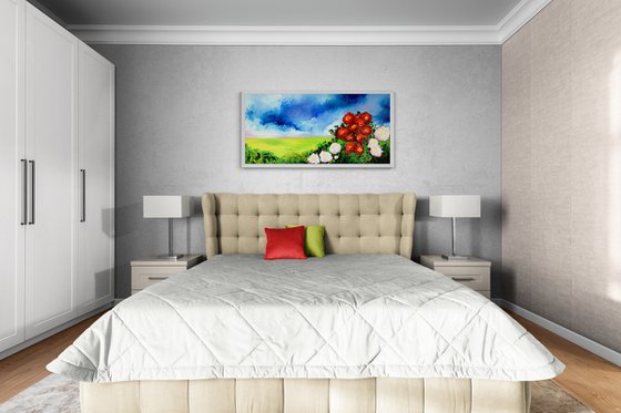 White and red camellia flowers. Original landscape oil painting on canvas.
