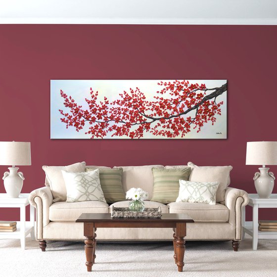 Red Cherry Blossom - Extra Large Textured Flowers Painting
