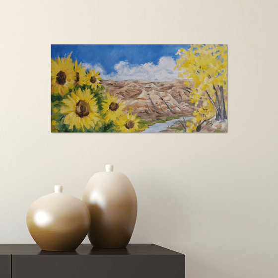 Landscape - Sunflowers - Cottonwoods - "North Dakota Gold"