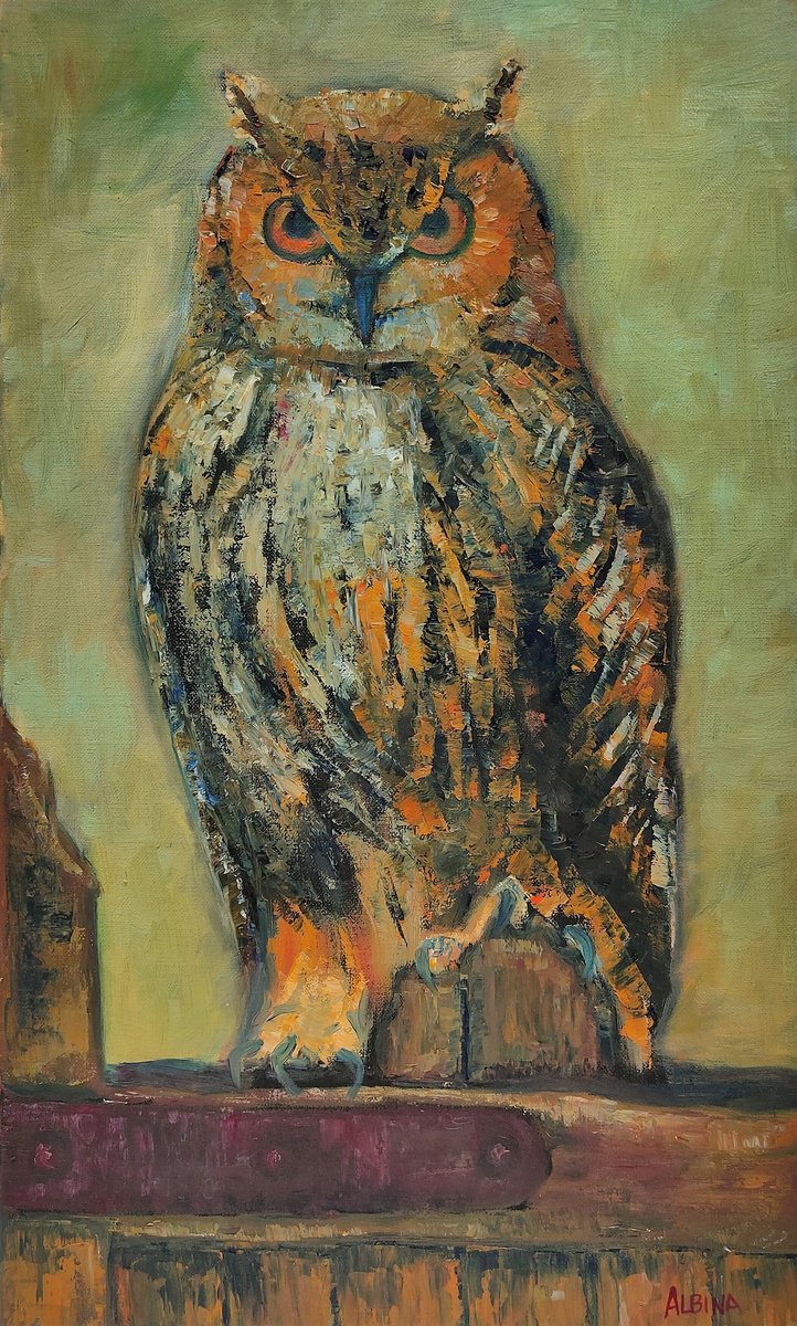 Impressionistic Animal Oil Painting By Albina Urbanek, 13 X 22, Owl, Original Artwork