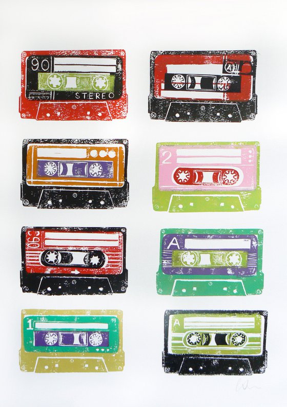 Linocut tapes #2 (cassette tapes, retro music, 70's, 80's rock culture)