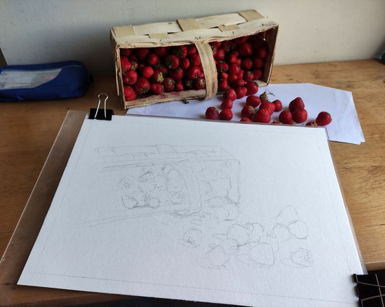 Ukrainian watercolour. Strawberries in a basket