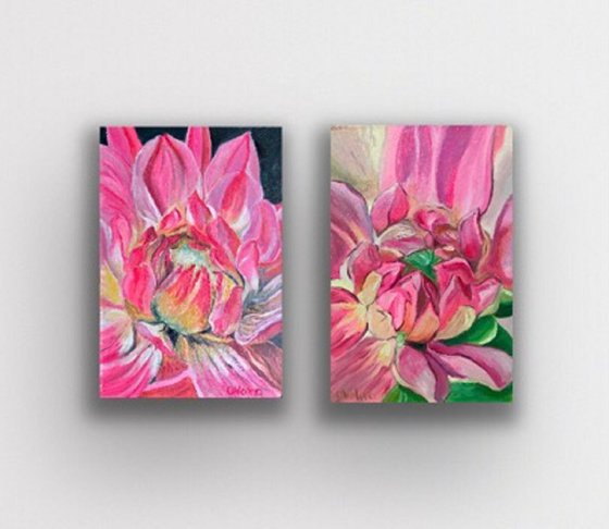 117 set of 2 Flower oil artworks, Pink flowers oil painting original, Mothers day gift from daughter to mother mini oil painting