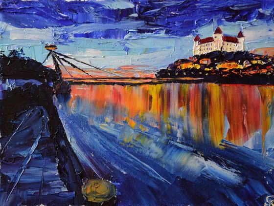 Night city Impasto OIL PAINTING on canvas Bratislava Castle in Slovakia, palette knife impressionistic art