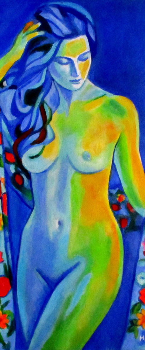 "Blue Nude With Floral Veil" by Helena Wierzbicki